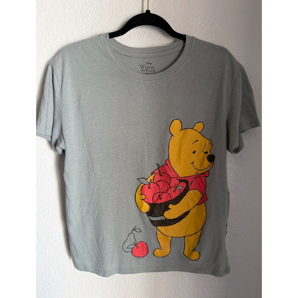 Disney Winnie the Pooh Women's Large Gray Graphic T-Shirt Apple Basket
